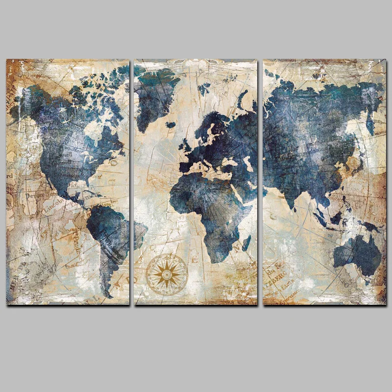 3Panel Watercolor World Map Modular Painting