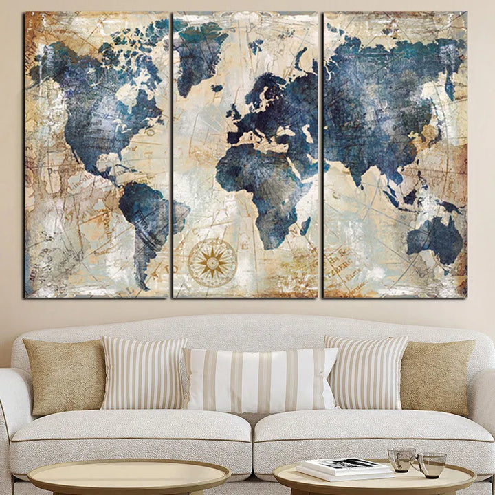 3Panel Watercolor World Map Modular Painting