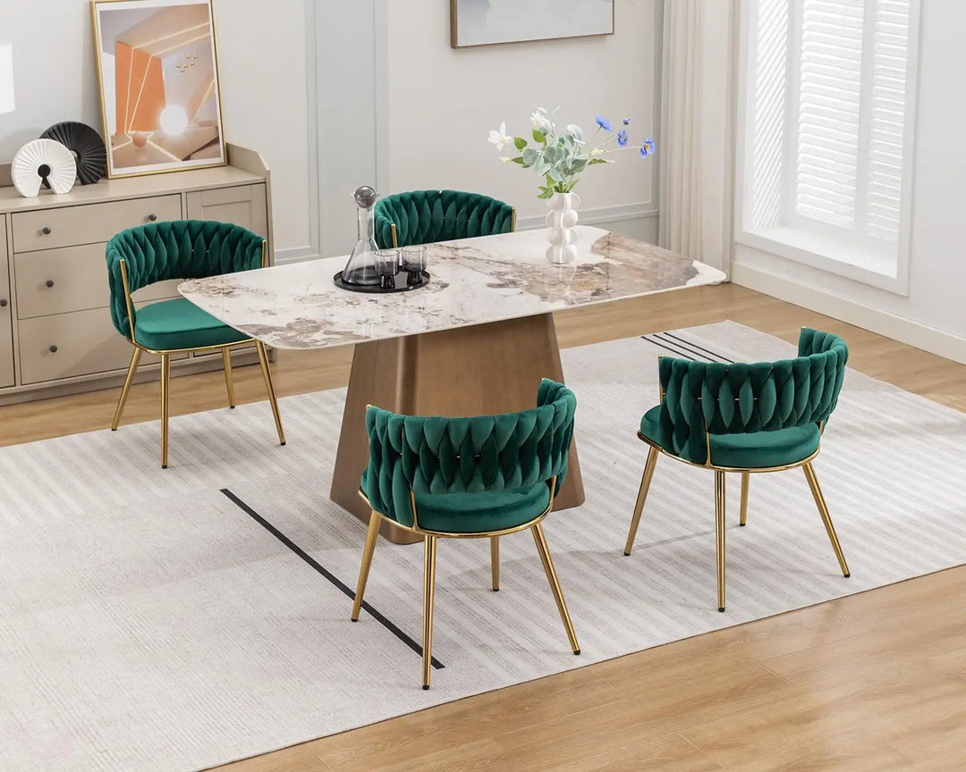 Modern Velvet Dining Chairs Set of 4, Upholstered Living Room Chair with Woven Back and Golden Metal Legs