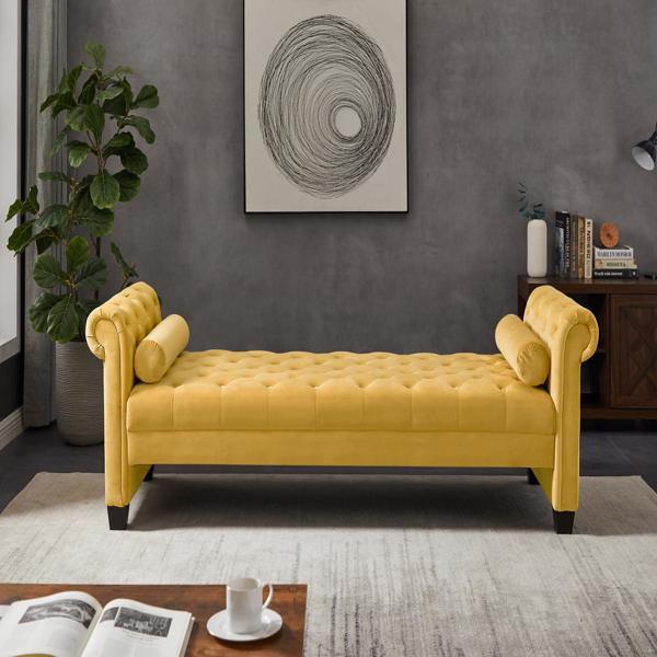 Yellow, Solid Wood Legs Velvet Rectangular Sofa Bench with Attached Cylindrical Pillows