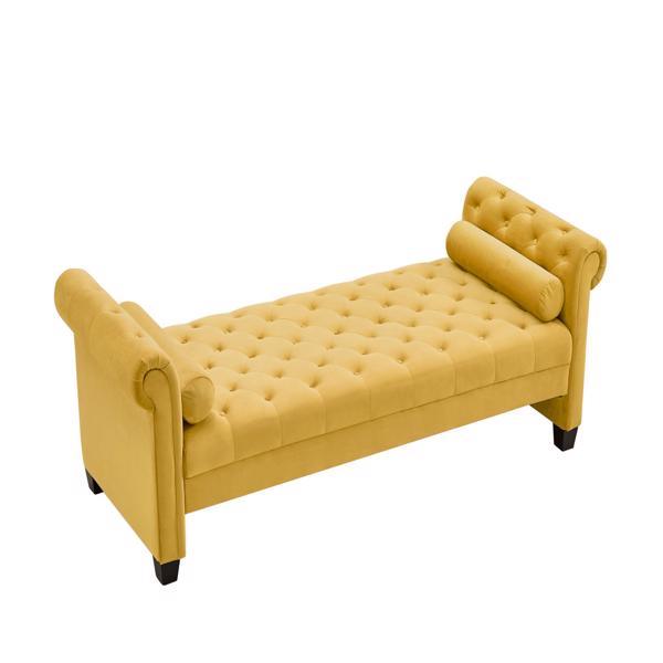 Yellow, Solid Wood Legs Velvet Rectangular Sofa Bench with Attached Cylindrical Pillows