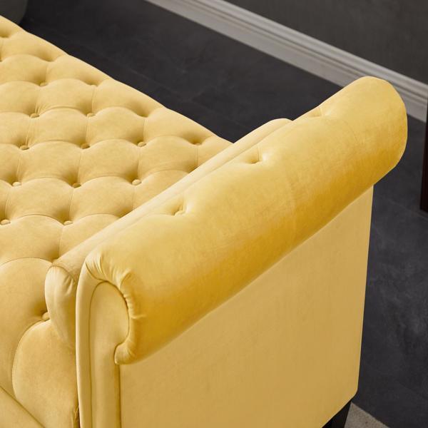 Yellow, Solid Wood Legs Velvet Rectangular Sofa Bench with Attached Cylindrical Pillows