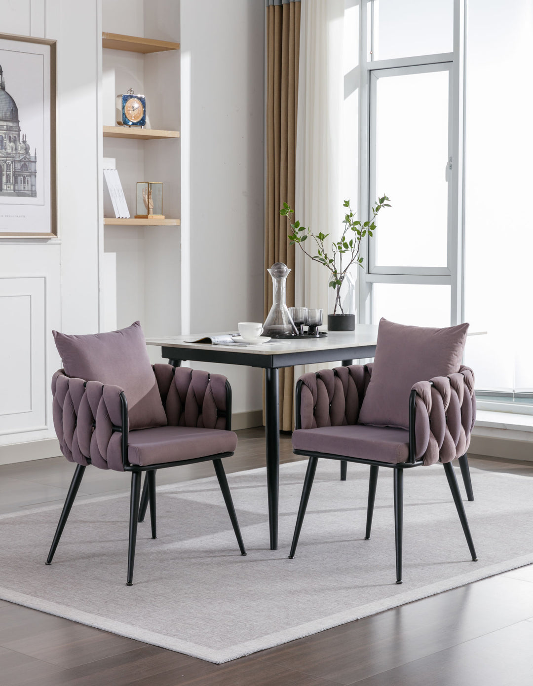 Pure Purple Modern Velvet Dining Chairs Set of 2 Hand Weaving Accent Chairs Living Room Chairs Upholstered Side Chair with Black Metal Legs for Dining Room Kitchen Vanity Living Room