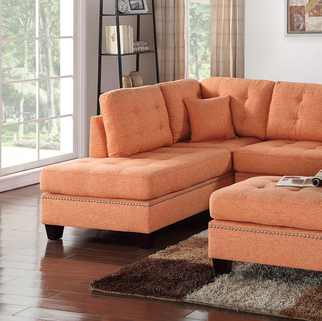 Modern Citrus Color 3pcs Sectional Living Room Furniture Reversible Chaise Sofa And Ottoman Tufted Polyfiber Linen Like Fabric Cushion Couch Pillows