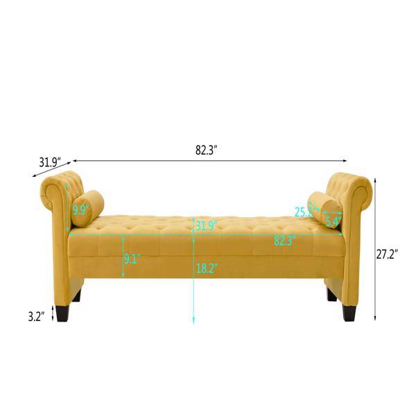 Yellow, Solid Wood Legs Velvet Rectangular Sofa Bench with Attached Cylindrical Pillows