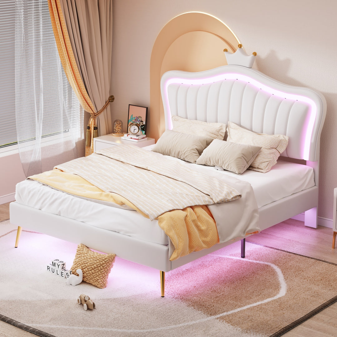 Queen Size Upholstered Bed Frame with LED Lights,Modern Upholstered Princess Bed With Crown Headboard,White