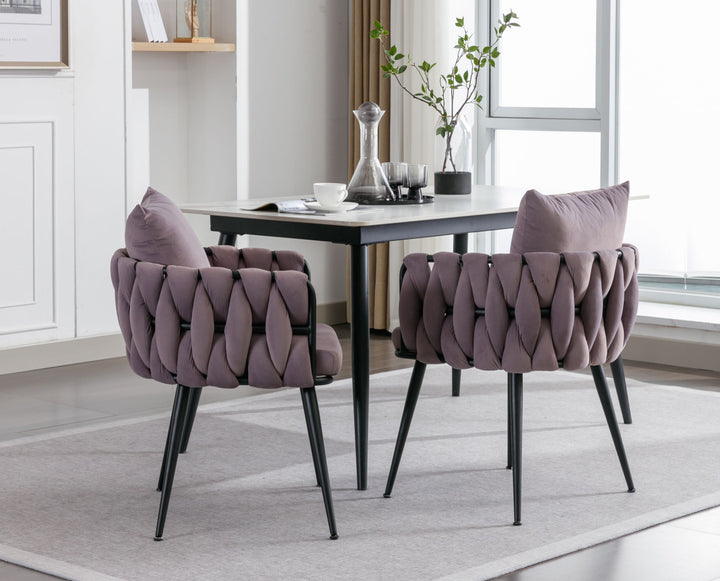 Pure Purple Modern Velvet Dining Chairs Set of 2 Hand Weaving Accent Chairs Living Room Chairs Upholstered Side Chair with Black Metal Legs for Dining Room Kitchen Vanity Living Room