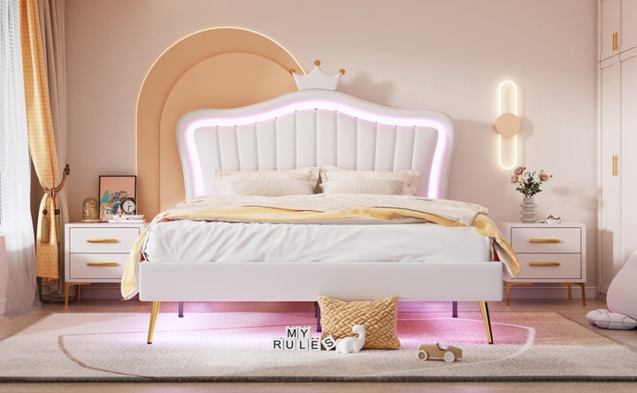 Queen Size Upholstered Bed Frame with LED Lights,Modern Upholstered Princess Bed With Crown Headboard,White