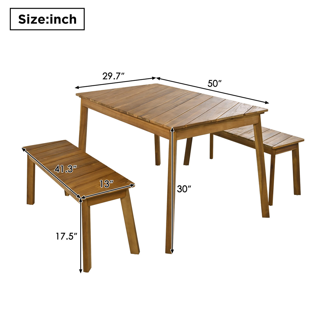 3 Pieces Acacia Wood Table Bench Dining Set For Outdoor & Indoor Furniture With 2 Benches, Picnic Beer Table for Patio, Porch, Garden, Poolside