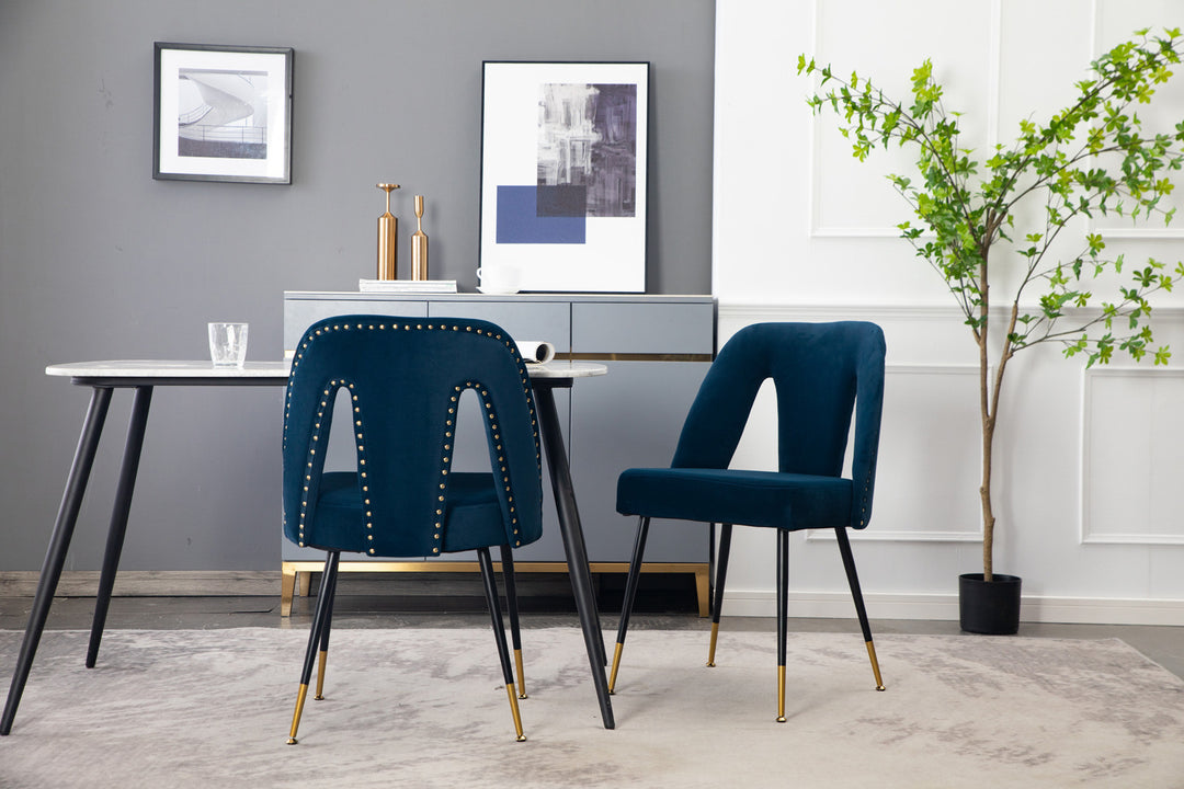 A&A Furniture,Akoya Collection Modern | Contemporary Velvet Upholstered Dining Chair with Nailheads and Gold Tipped Black Metal Legs,Blue,Set of 2