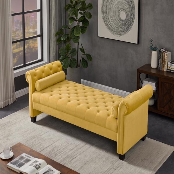 Yellow, Solid Wood Legs Velvet Rectangular Sofa Bench with Attached Cylindrical Pillows