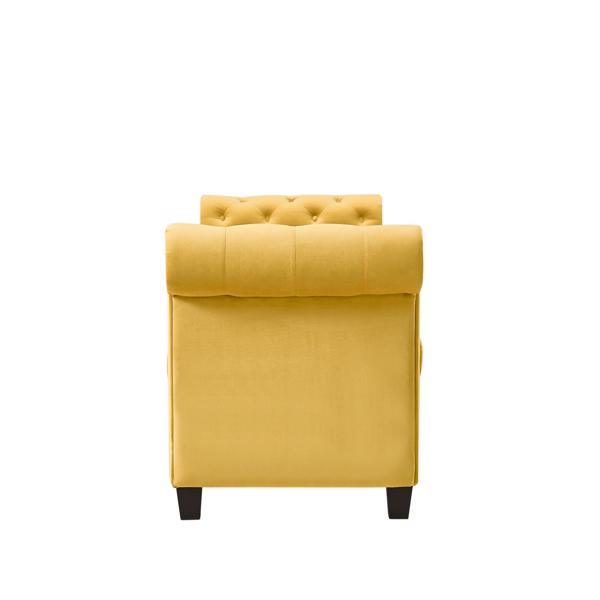 Yellow, Solid Wood Legs Velvet Rectangular Sofa Bench with Attached Cylindrical Pillows