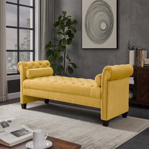 Yellow, Solid Wood Legs Velvet Rectangular Sofa Bench with Attached Cylindrical Pillows