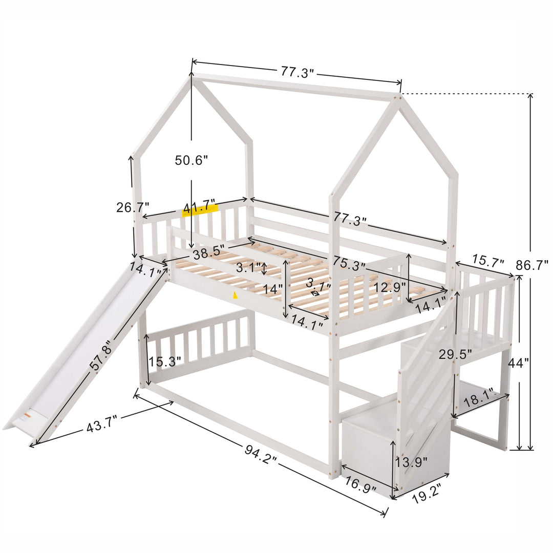 Twin-Over-Twin House Bunk Bed, Convertible Slide, Storage Staircase