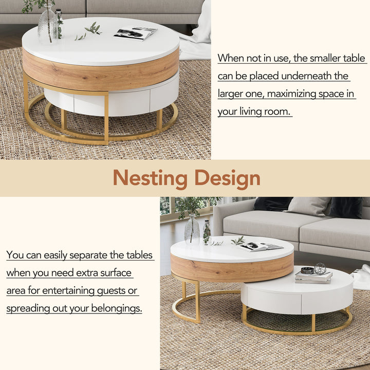 Modern Round Lift-top Nesting Coffee Tables with 2 Drawers White & Natural