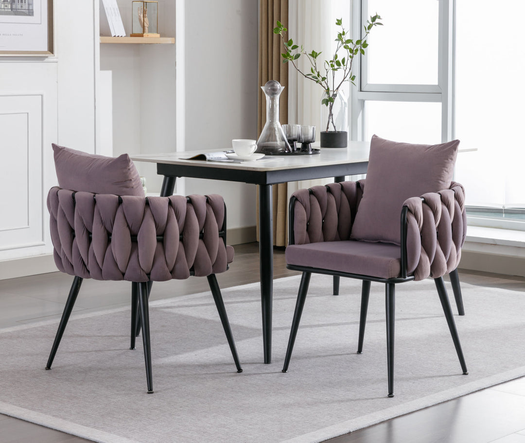 Pure Purple Modern Velvet Dining Chairs Set of 2 Hand Weaving Accent Chairs Living Room Chairs Upholstered Side Chair with Black Metal Legs for Dining Room Kitchen Vanity Living Room