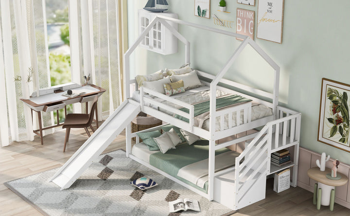 Twin-Over-Twin House Bunk Bed, Convertible Slide, Storage Staircase