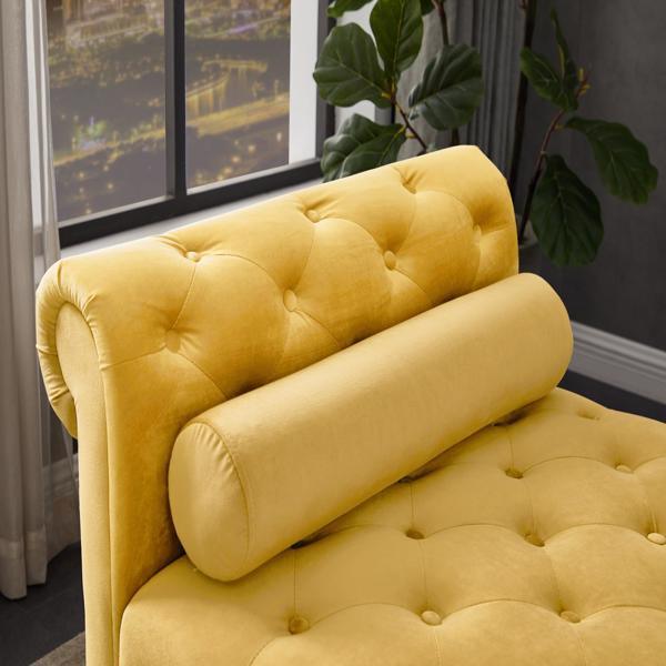 Yellow, Solid Wood Legs Velvet Rectangular Sofa Bench with Attached Cylindrical Pillows