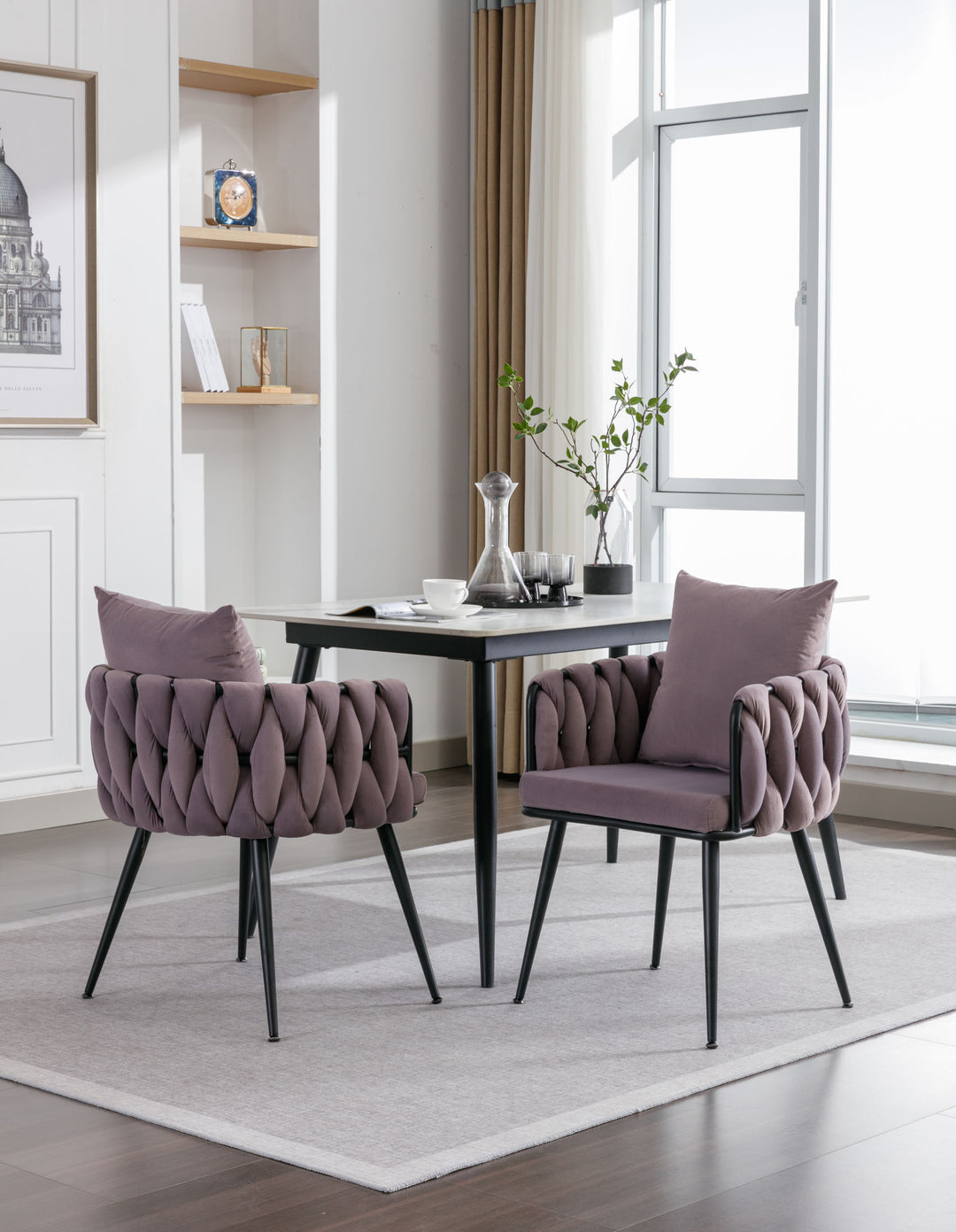 Pure Purple Modern Velvet Dining Chairs Set of 2 Hand Weaving Accent Chairs Living Room Chairs Upholstered Side Chair with Black Metal Legs for Dining Room Kitchen Vanity Living Room