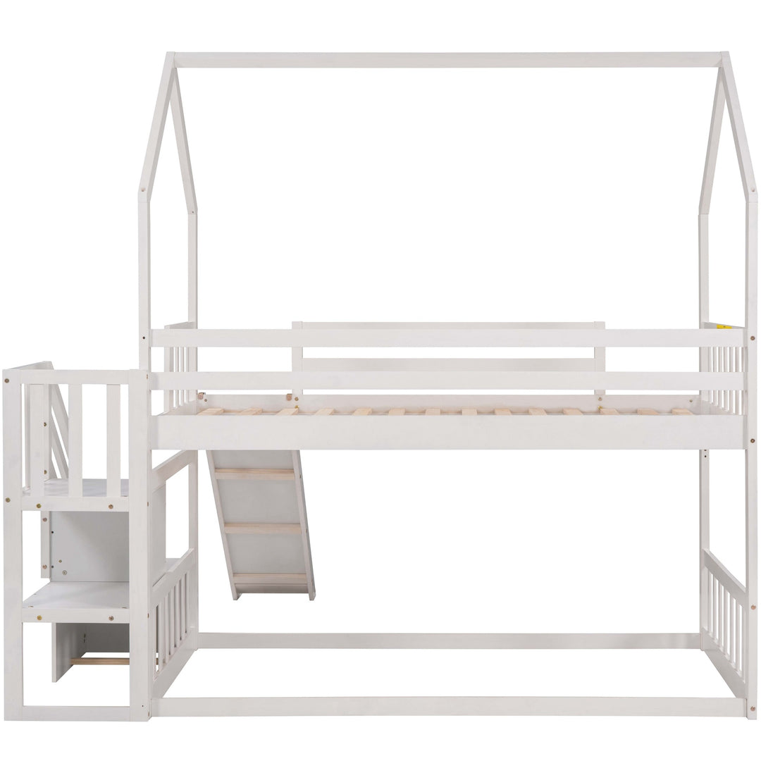 Twin-Over-Twin House Bunk Bed, Convertible Slide, Storage Staircase