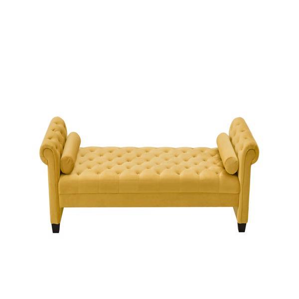 Yellow, Solid Wood Legs Velvet Rectangular Sofa Bench with Attached Cylindrical Pillows