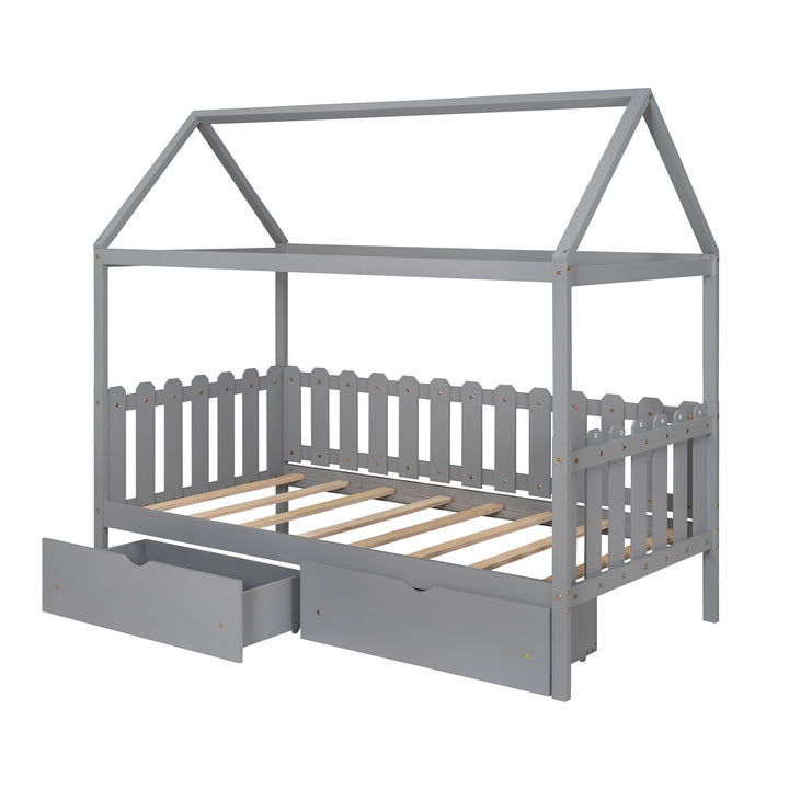 Twin Size House Bed with drawers, Fence-shaped Guardrail, Gray