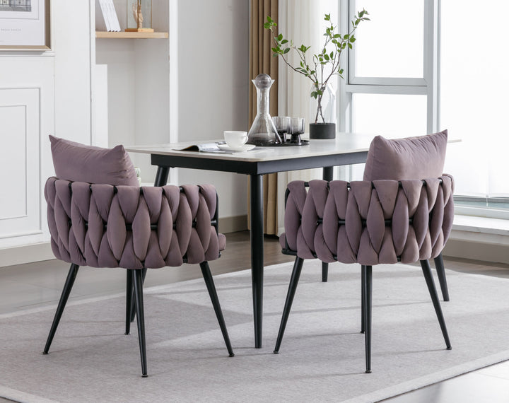 Pure Purple Modern Velvet Dining Chairs Set of 2 Hand Weaving Accent Chairs Living Room Chairs Upholstered Side Chair with Black Metal Legs for Dining Room Kitchen Vanity Living Room