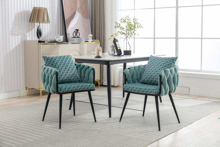 Blue Modern Velvet Dining Chairs Set of 2 Hand Weaving Accent Chairs Living Room Chairs Upholstered Side Chair with Black Metal Legs for Dining Room Kitchen Vanity Living Room