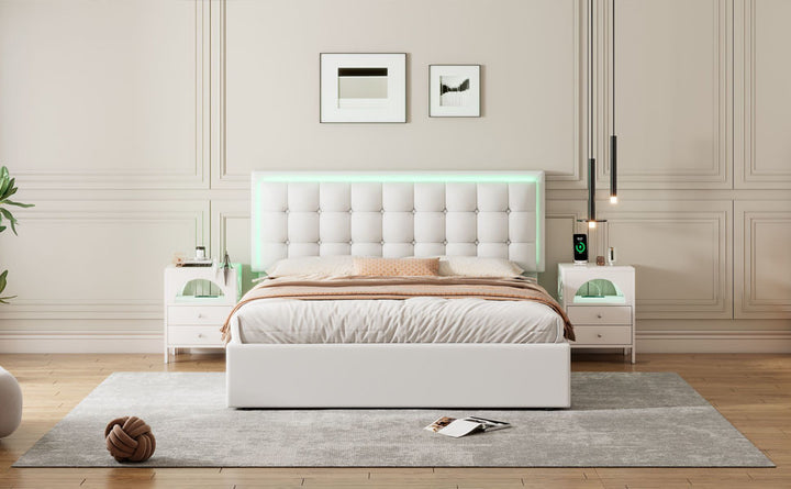 Queen Size Tufted Upholstered Platform Bed with Hydraulic Storage System,PU Storage Bed with LED Lights,White