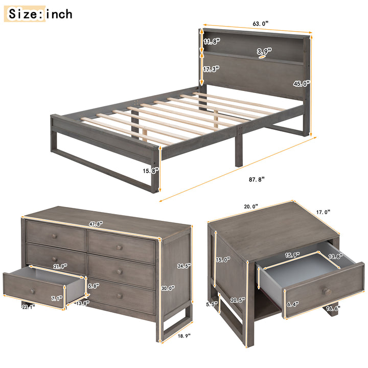 3 Pieces Queen Size Platform Bed with Nightstand and Dresser