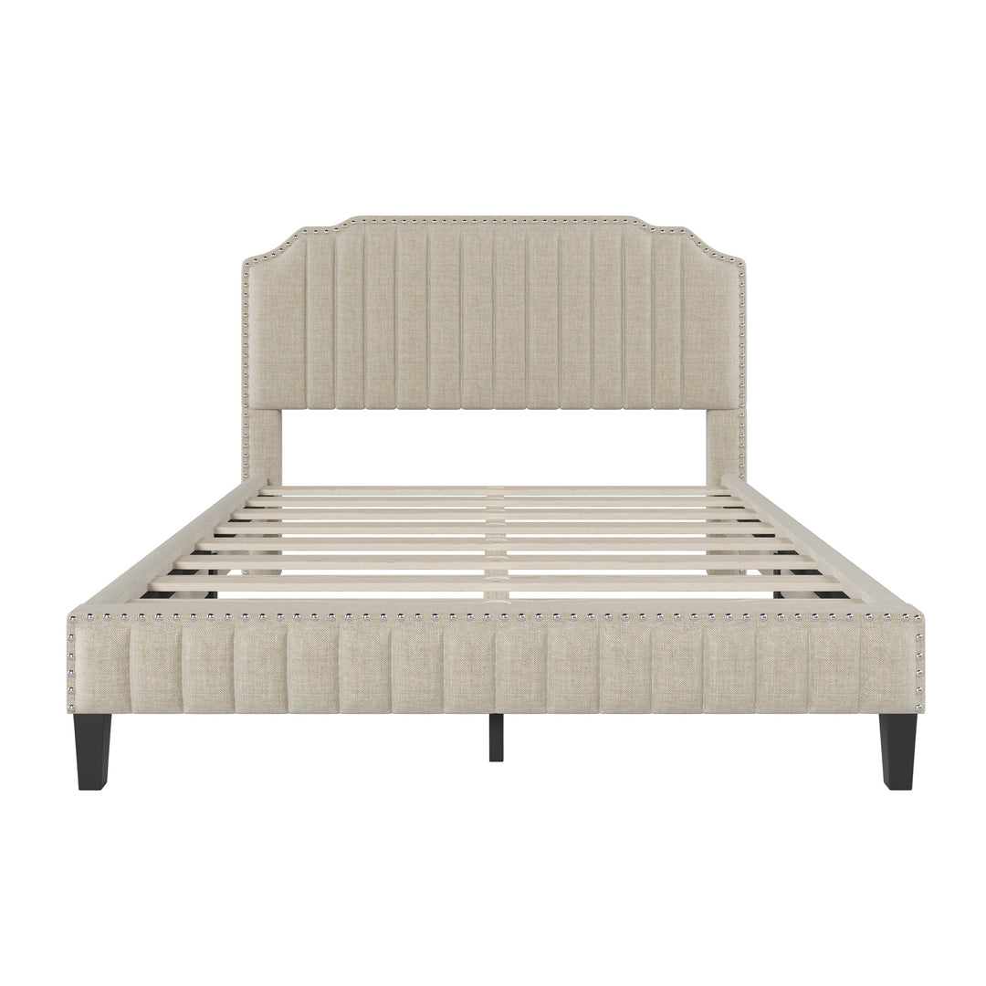 Modern Linen Curved Upholstered Platform Bed , Solid Wood Frame , Nailhead Trim, Beige (Queen)