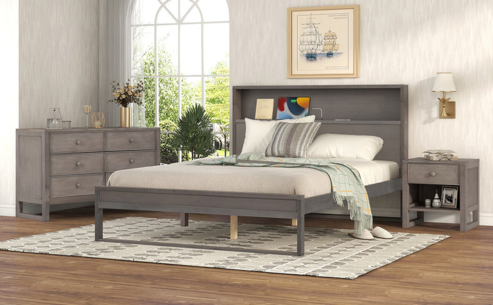 3 Pieces Queen Size Platform Bed with Nightstand and Dresser