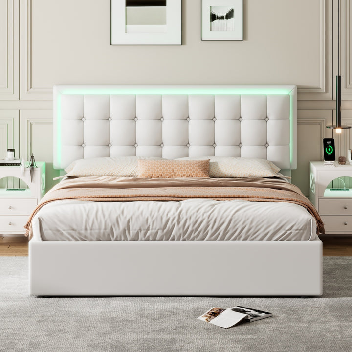 Queen Size Tufted Upholstered Platform Bed with Hydraulic Storage System,PU Storage Bed with LED Lights,White